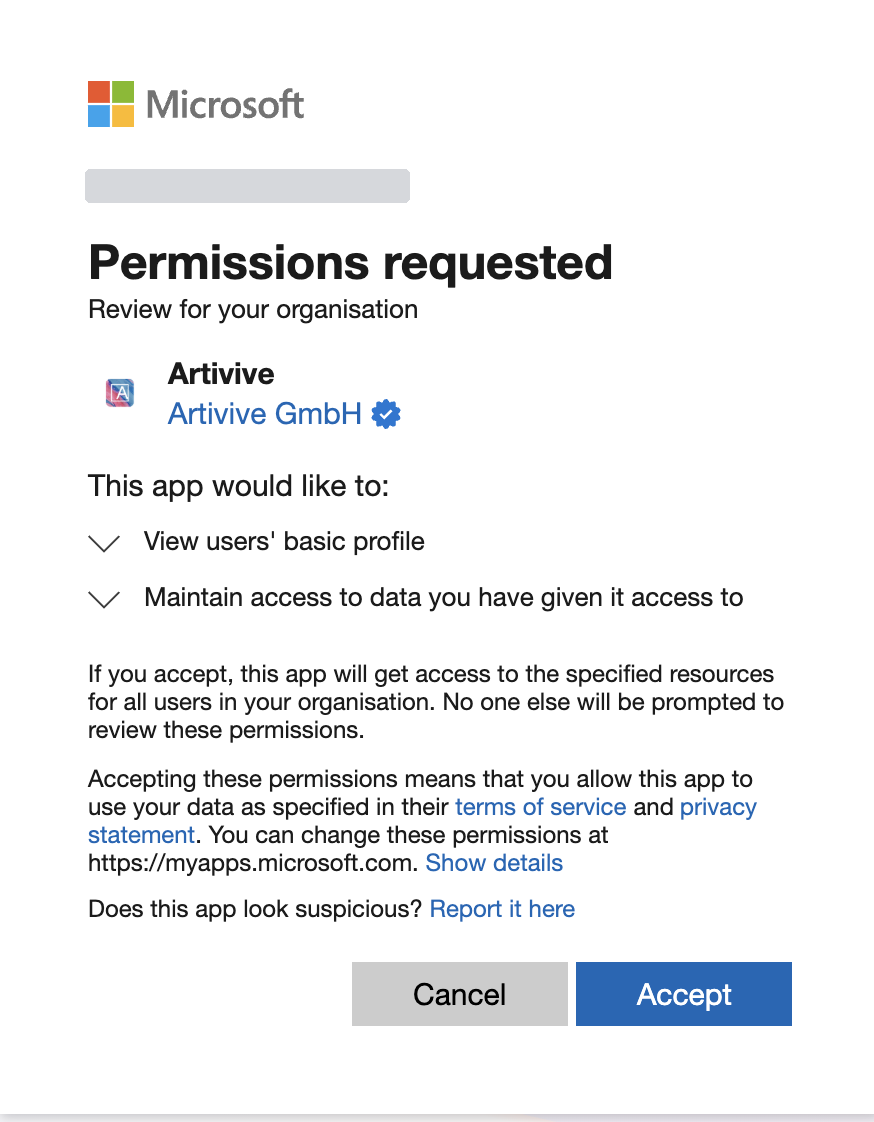 Microsoft Entra permissions consent screen for Artivive