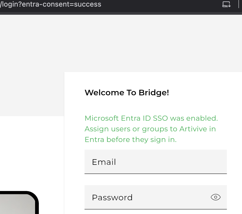 Green success message confirming Microsoft Entra ID SSO was enabled